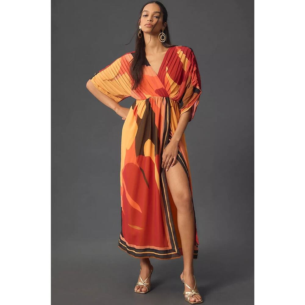 Anthropologie Farm Rio Short-Sleeve Wrap-Front Maxi Dress Size L Red #MA416